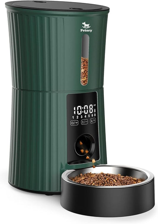 Petory Timed Automatic Cat Feeders - 4L Programable Dry Food Dispenser for Cats and Small Medium Dogs 6 Meals with Desiccant Bag Dual Power Supply 10S Voice Recorder