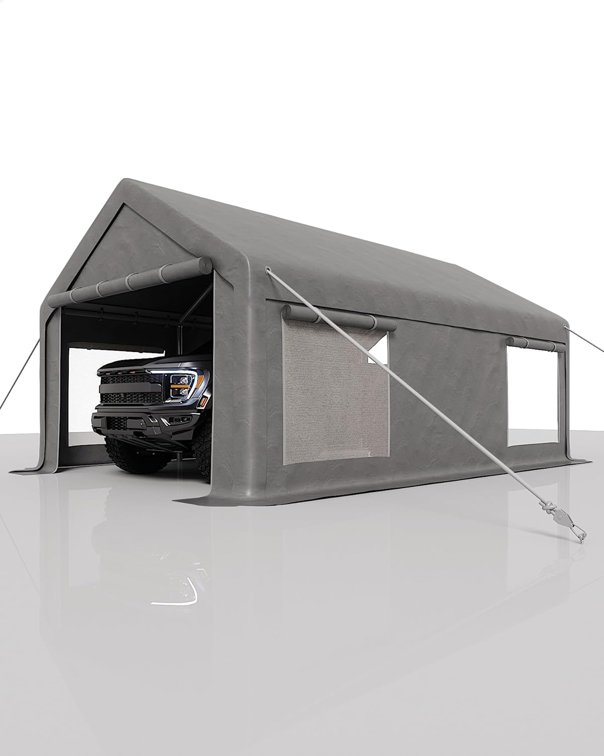 12x20 Ft Carport, Car Port with 200g PE Tarp, Roll-Up Doors, and 4 Windows, for Full-Size Pickups, Bass Boats, Tractors, and SUVs, Gray