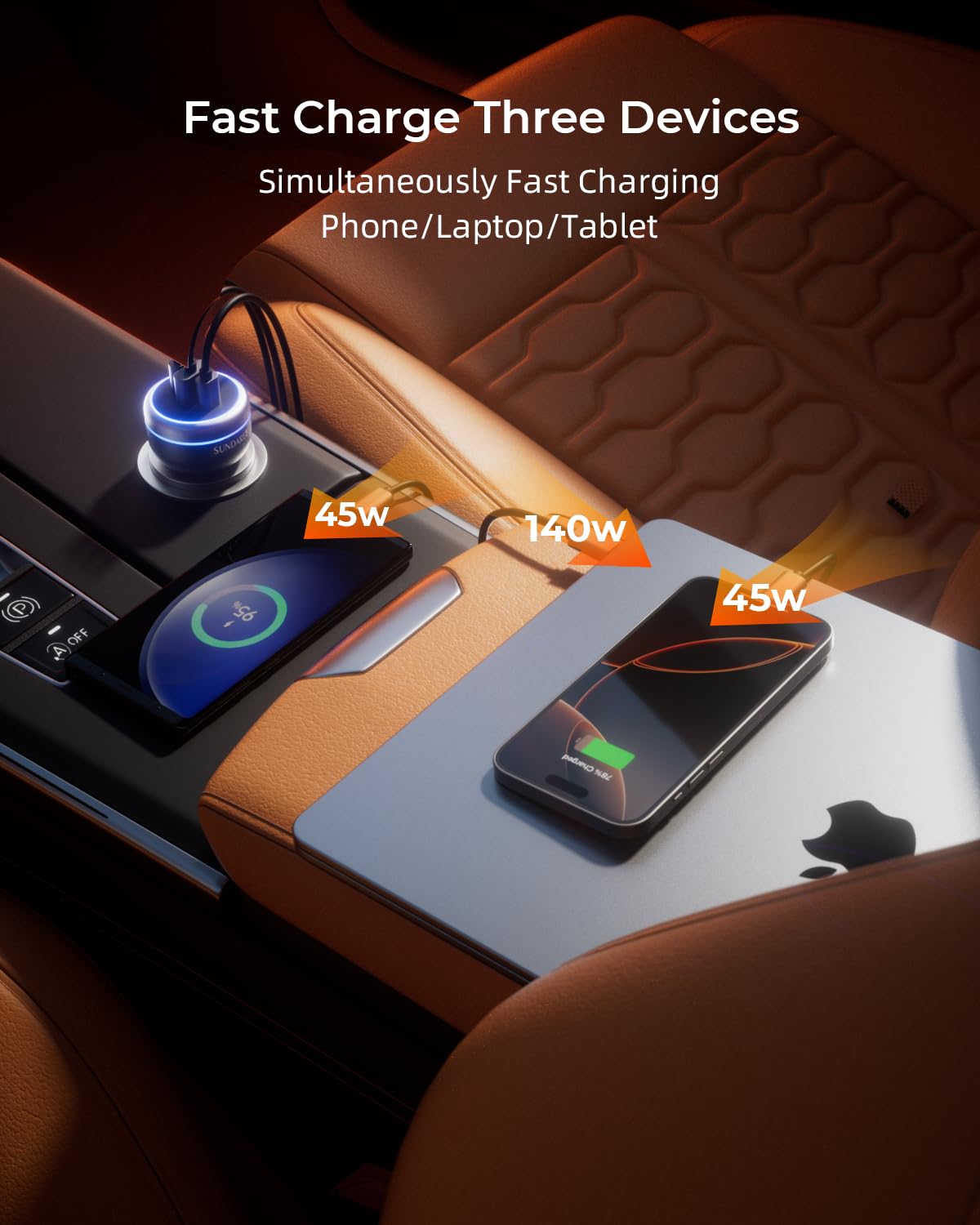 SUNDAREE 230W Car Charger USB C Fast Charge, PD 140W USB C Car Charger, 3-Port Cigarette Lighter USB Charger Adapter 12V-24V, Compatible with iPhone 17/16/15 MacBook iPad Laptop Samsung S25