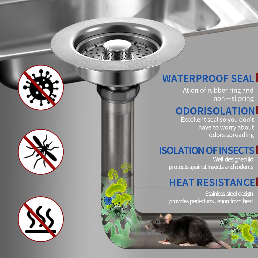 Sink Drain Strainer - Sink Stopper, 3-in-1 Kitchen Stainless Steel Drain Plug with Anti-Clog Basket, Pop-Up Cover