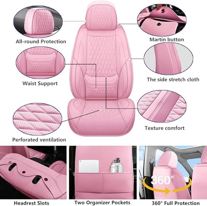 Front Seat Car Seat Covers Custom Fit for Saturn Ion 2003-2010 - Premium Faux Leather with Lumbar Support | Breathable, Waterproof, Anti-Slip, Durable (Pink,Front Seat)