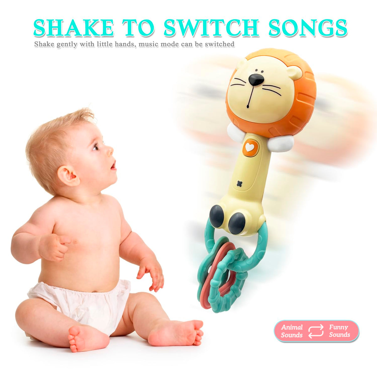 Cute Lion Baby Musical Rattle Toy 6-12-18 Months, Light-Up Teether & Sensory Chew Rubber 1st Birthday Gift for 1+ Year Old Boys Girls (Lion)