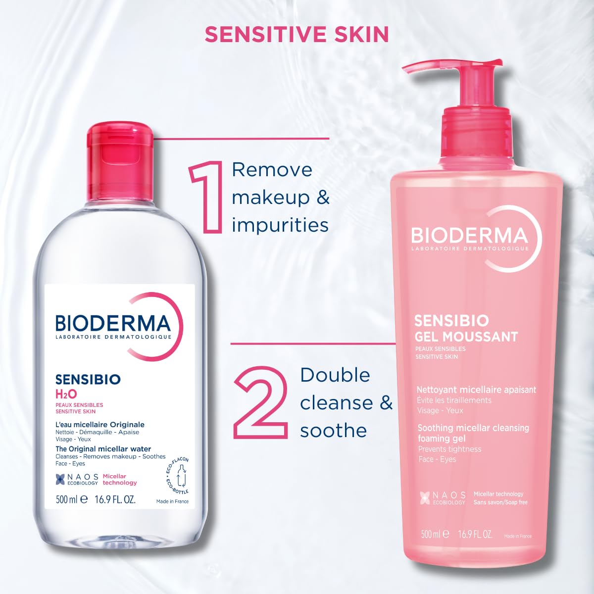 Bioderma Sensibio H2O Micellar Water, Makeup Remover Cleanser, Gentle for Skin, Fragrance-Free & Alcohol-Free, Gentle Face Cleanser for Sensitive Skin, 8.4 Fl Oz