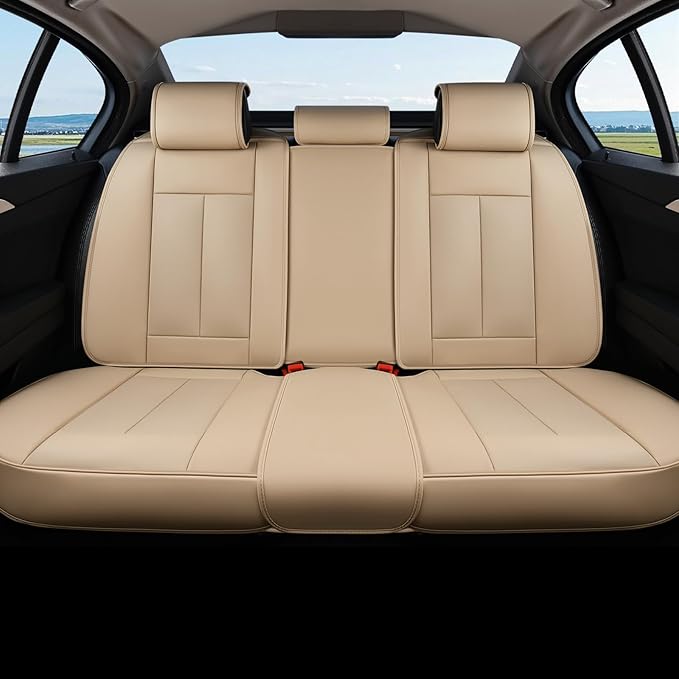 Coverado Car Seat Covers Beige, Backseat Cover for Dogs, Car Seat Protector for Back Seat, Car Seat Cushion Nappa Leather, 3-Pieces Waterproof Seat Covers Carseat Cover Universal Fit for Most Cars