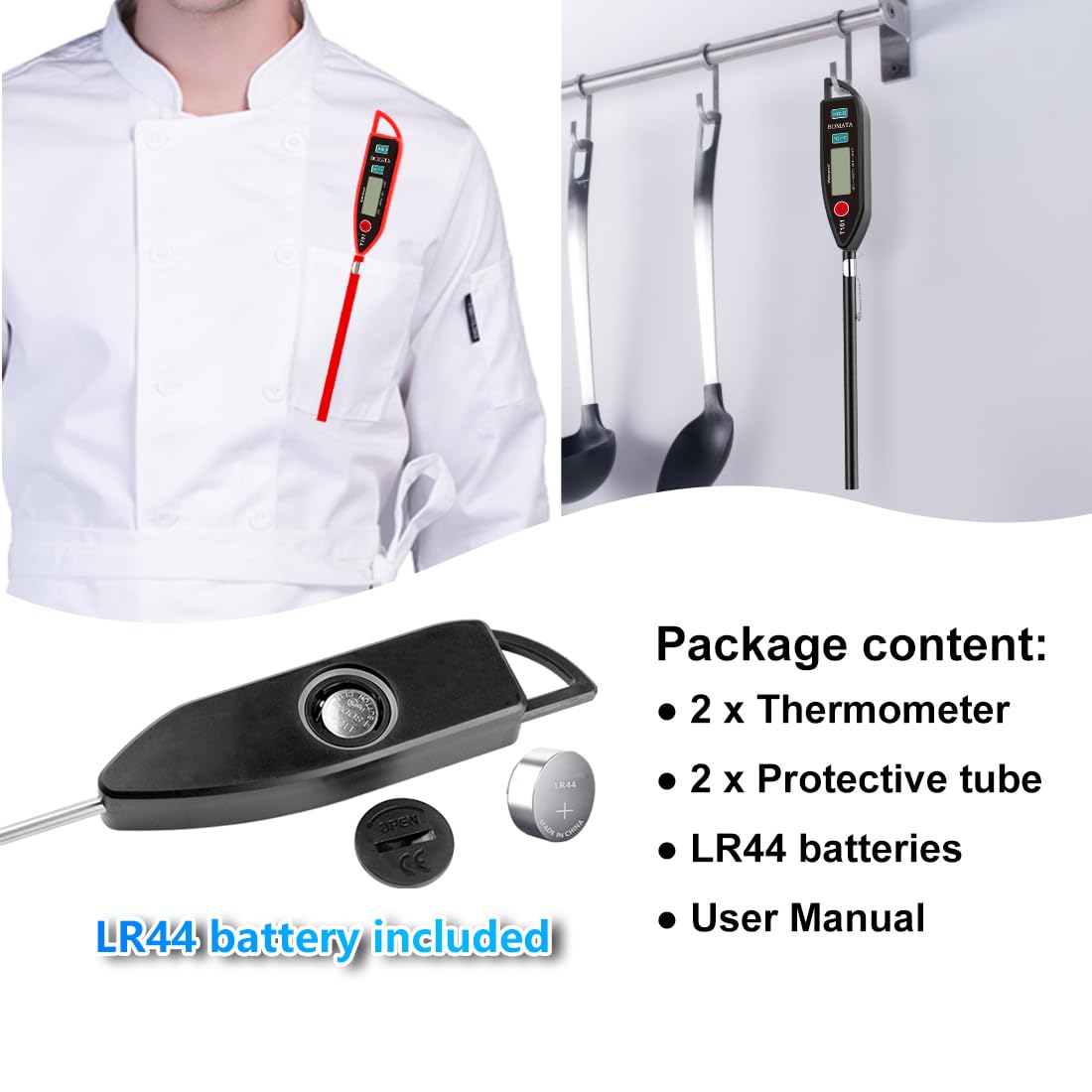 BOMATA 2 Pack Waterproof IPX7 Meat Thermometer, Food Thermometer