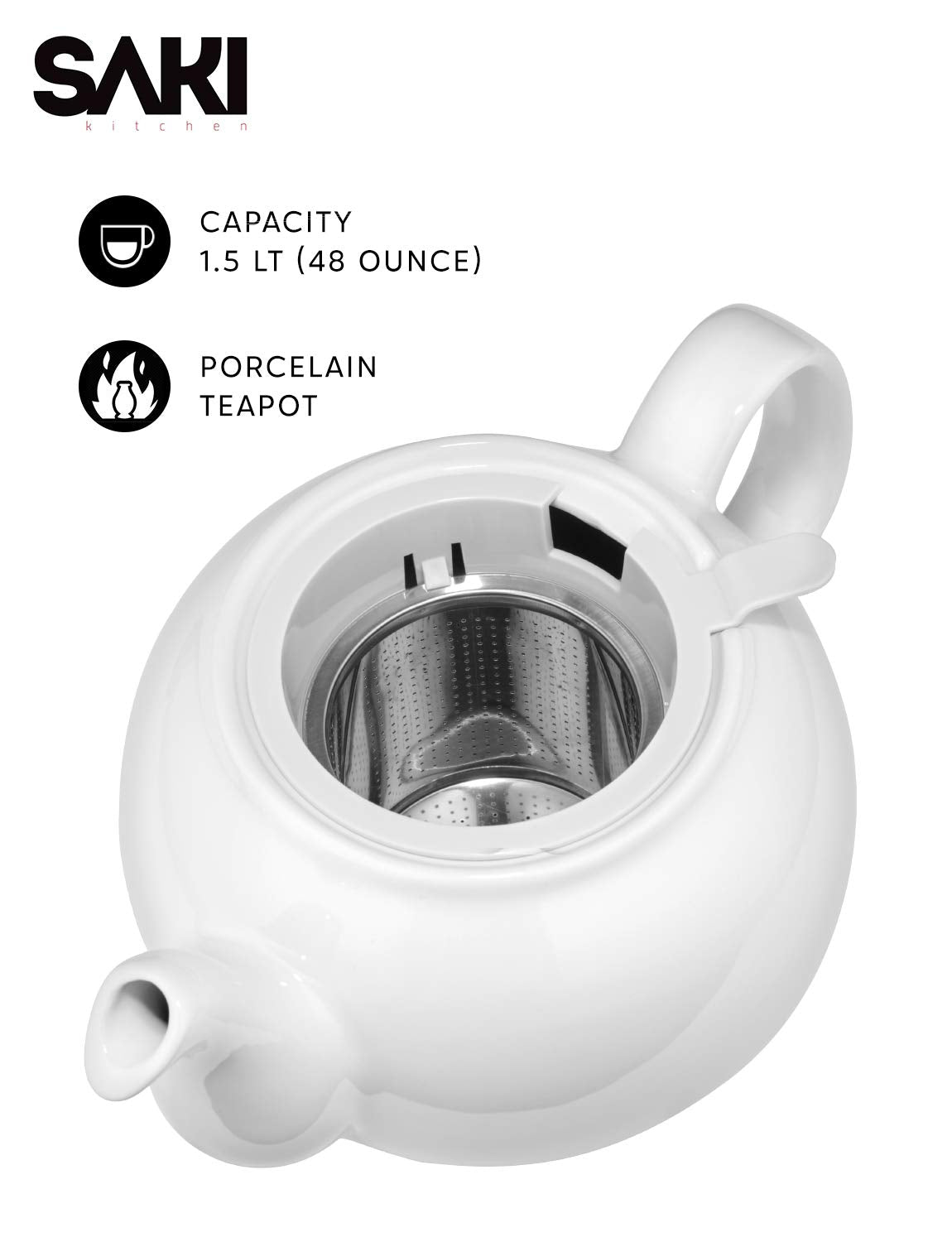 SAKI Large Porcelain Teapot, 48 Ounce Tea Pot with Infuser, Loose Leaf and Blooming Tea Pot - White