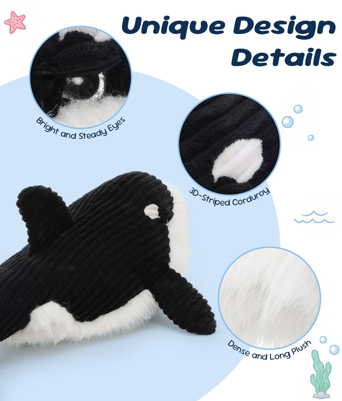 MorisMos 4Pcs Orca Stuffed Animals with Babies Inside, 23.6in Orca Family Plush Toy, Killer Whale Stuffed Animal Birthday for Kids Girls Boys