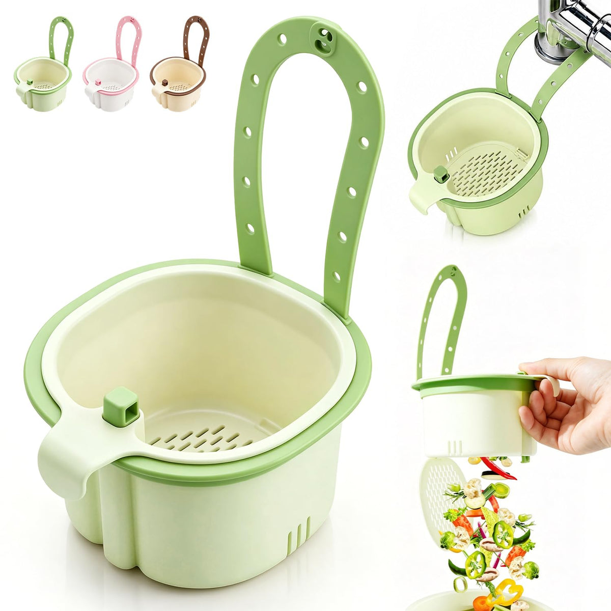 Sink Filter Basket, Kitchen Sink Strainer Basket with Self-Cleaning & One-Touch Press, Hanging Sink Drain Basket for Draining, Washing, Storage, 5.7x5.1x3.5 Inches (Green)
