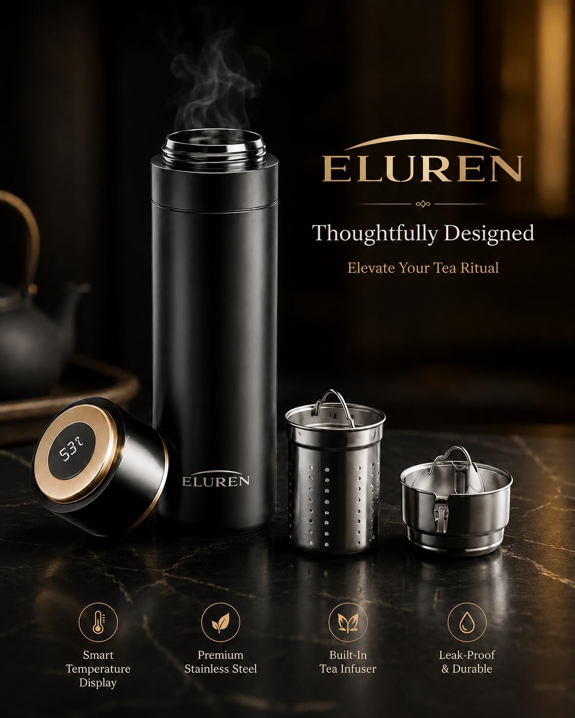 ELUREN Vacuum Insulated Stainless Steel Thermal Smart Water/Coffee/Tea Tumbler & Flask with Tea Infuser, LED Temperature Display, One-Click Opening, Leak-Proof, Keeps Drinks Hot or Cold for Hrs, Black
