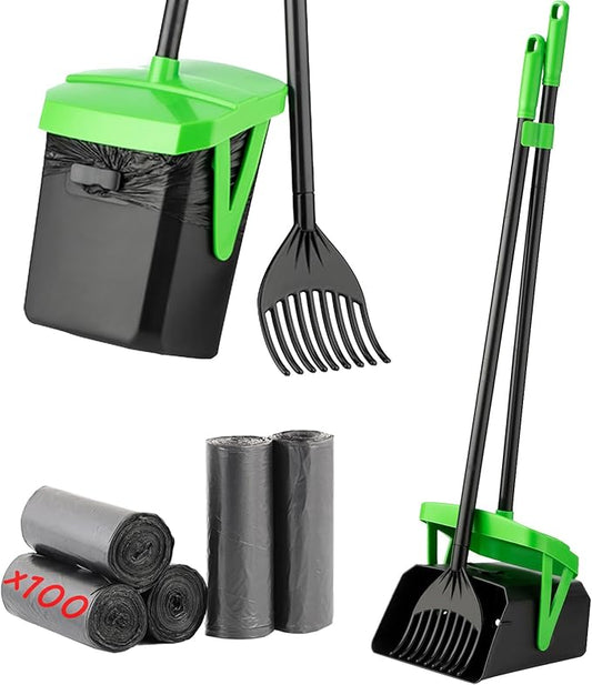 Pooper Scooper Swivel Bin & Rake with 100 Waste Bags, Dog Pooper Scooper with Bag Attachment for Large Medium Small Dogs, Poop Scooper with Lid for Lawn Yard Dog Kennel