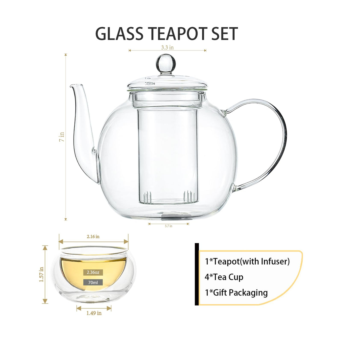 Glass Teapot Set with 4 Teacups, Large Tea Pot with Infusers