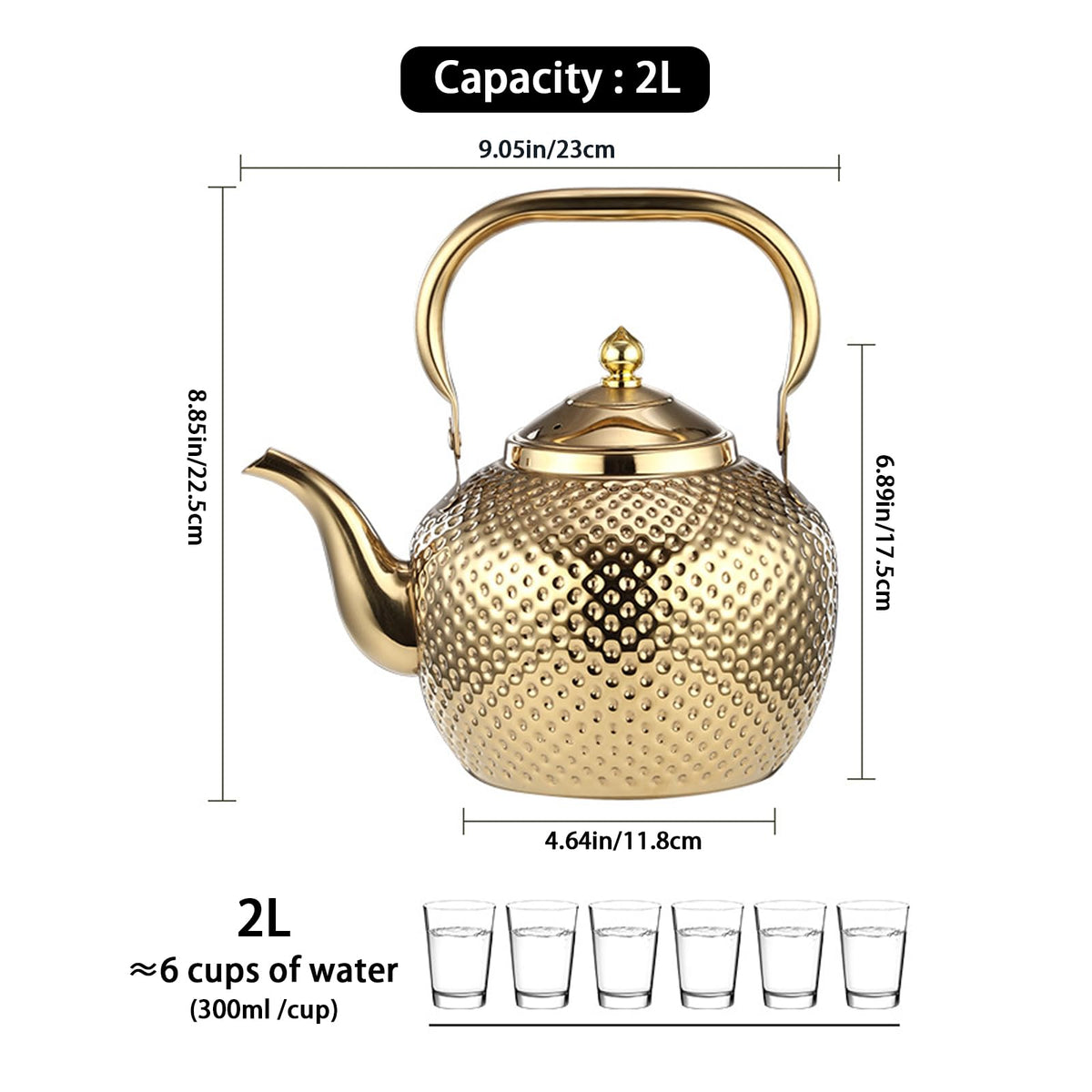 Alunsito Teapot for Stove Top, Stovetop Tea Kettle, Food Grade Stainless Steel Tea Kettle, 2.1qt Metal Tea Pot with Tea Strainer for Easy Tea, Coffee, Gold, 2 Liters