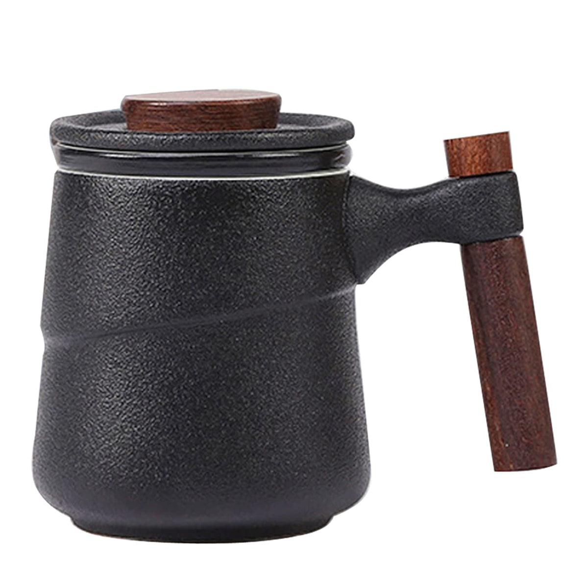 Tea Cup with Infuser and Lid, Rural style Wood Handle Ceramic Mugs Black