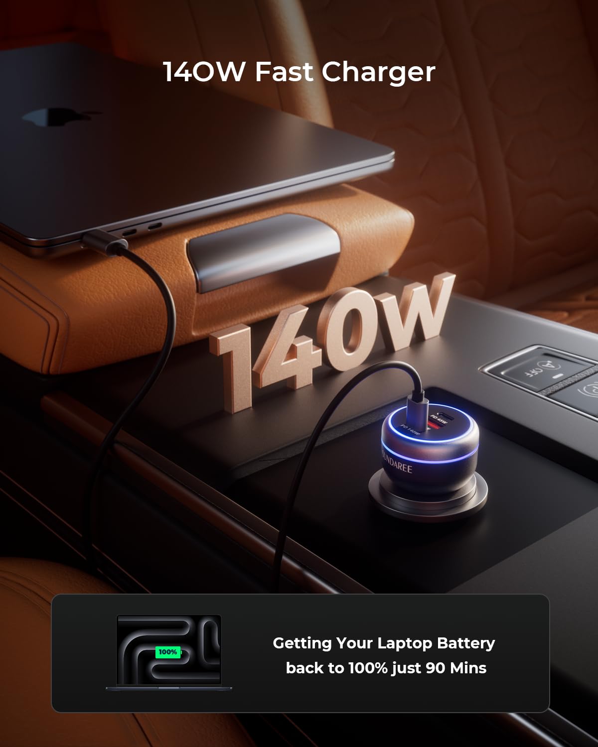 SUNDAREE 230W Car Charger USB C Fast Charge, PD 140W USB C Car Charger, 3-Port Cigarette Lighter USB Charger Adapter 12V-24V, Compatible with iPhone 17/16/15 MacBook iPad Laptop Samsung S25