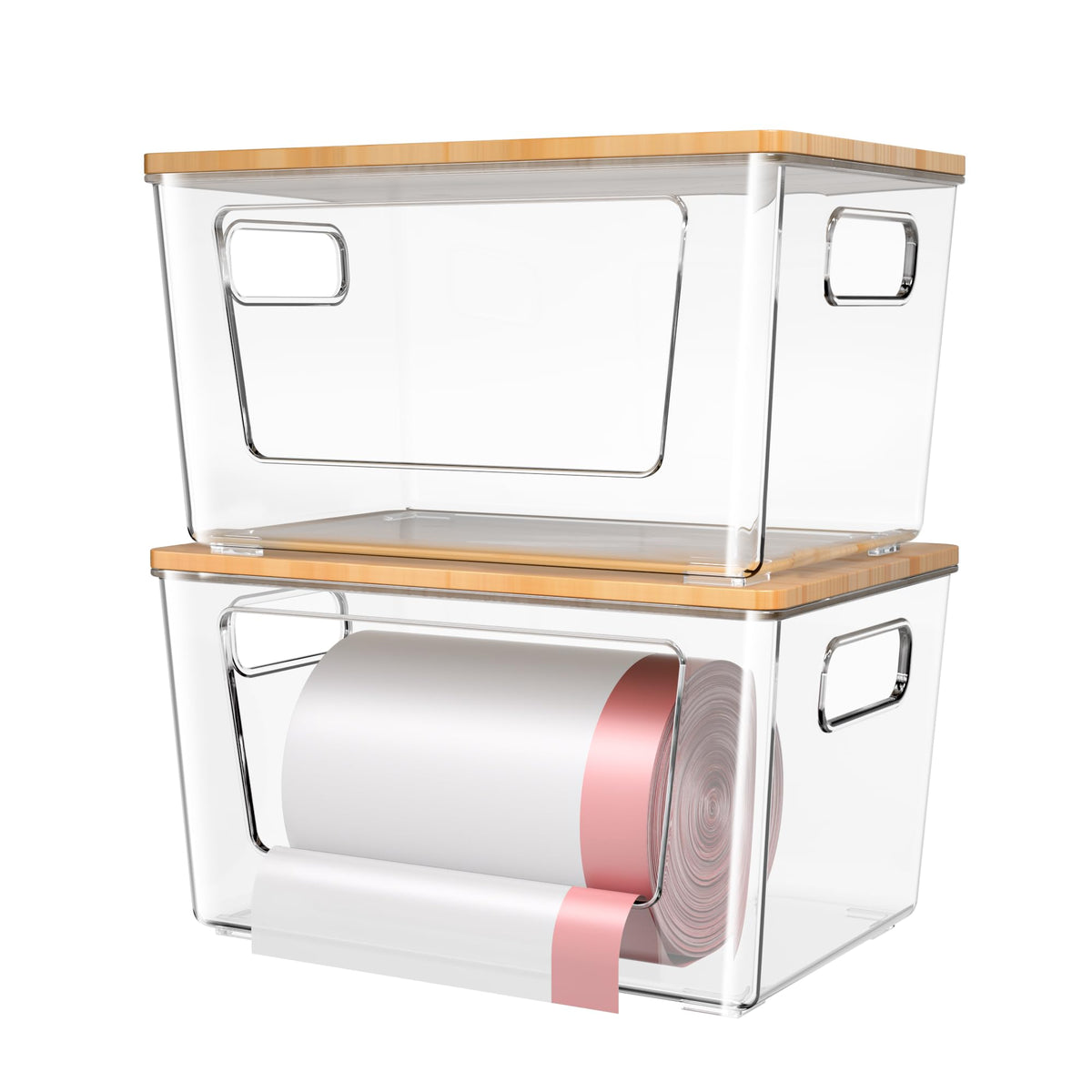 spospo 2 Pack Trash Bag Holder with Bamboo Lid Stackable Trashbag Dispenser