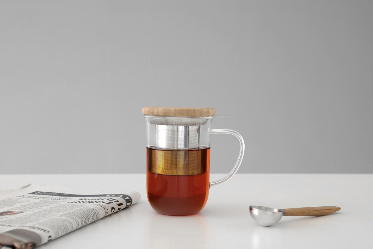 VIVA Minima Balance Glass Tea Cup with Infuser and Lid, 17oz, Clear Bamboo