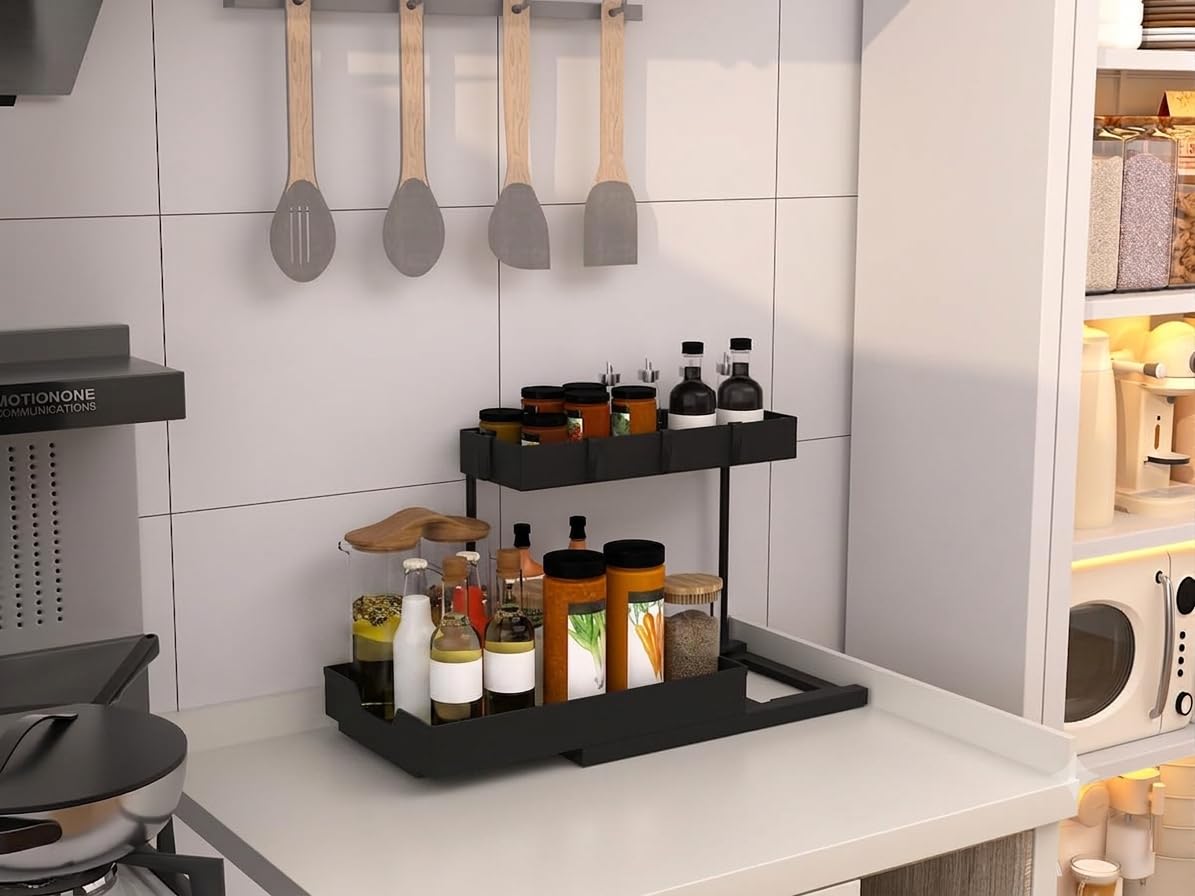 NATURE'S SOURCE 2 Pack Under Sink Organizer 2 Tier Sliding Cabinet Organizers Multi-Purpose Sink Storage Basket L-Shape Narrow Space Storage Shelves with 4 Hook for Kitchen Bathroom Drawer, Black