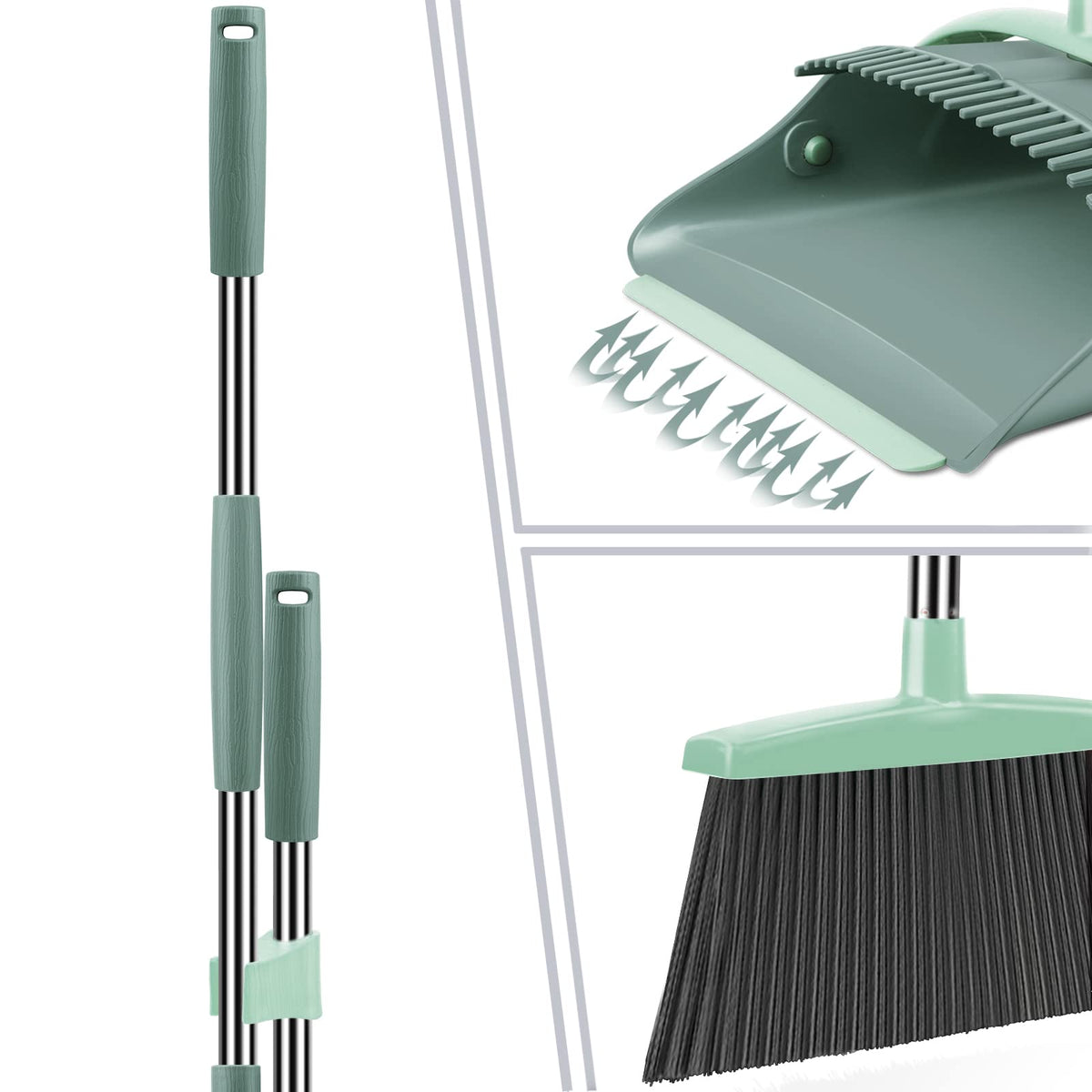 Ivandar Broom and Dustpan Set for Home, Dust pan with Long Handle, Broom with Dustpan Combo Set, for Home Kitchen Room Office Lobby Floor Use Upright Stand Up Sweeping (Gray&Green)