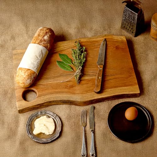 GoCraft Acacia Wood Live Edge Cutting Board – 16 x 11 Inch – with Hole for Hanging | Rustic Rectangular Wooden Chopping Board | Charcuterie Cheese Tray | Food Serving Platter | Farmhouse Décor - size: 16"L x 11"W