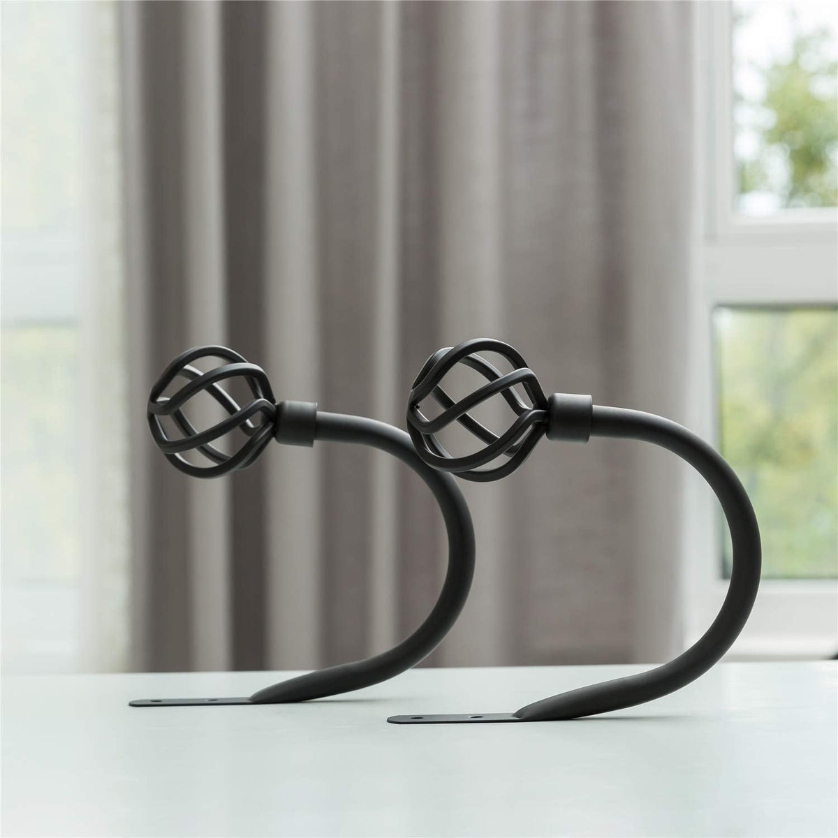 HIKMLK Geometric Industrial Curtain Holdbacks 2pcs, Solid Cast Iron Heavy Duty Curtain Tiebacks for Wall, Side Holder Pull Back Hooks for Drapes Tie Back Home Window Decor (Matt Black)