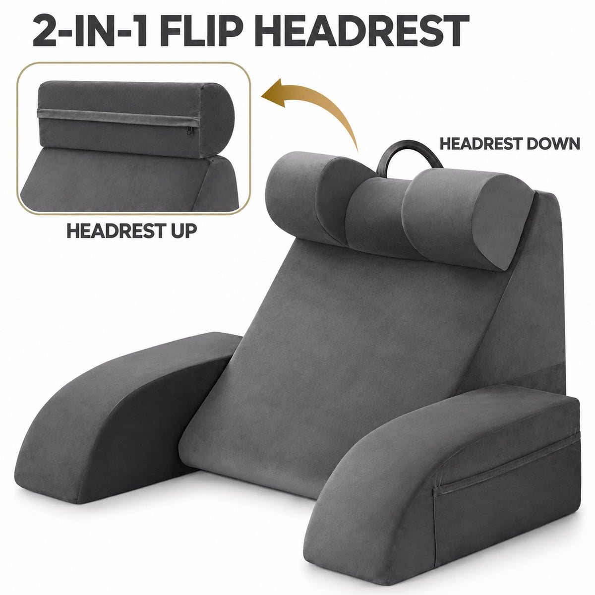 Velorose 19" Reading Pillow for Sitting Up in Bed, Flip-Up Headrest, Grey