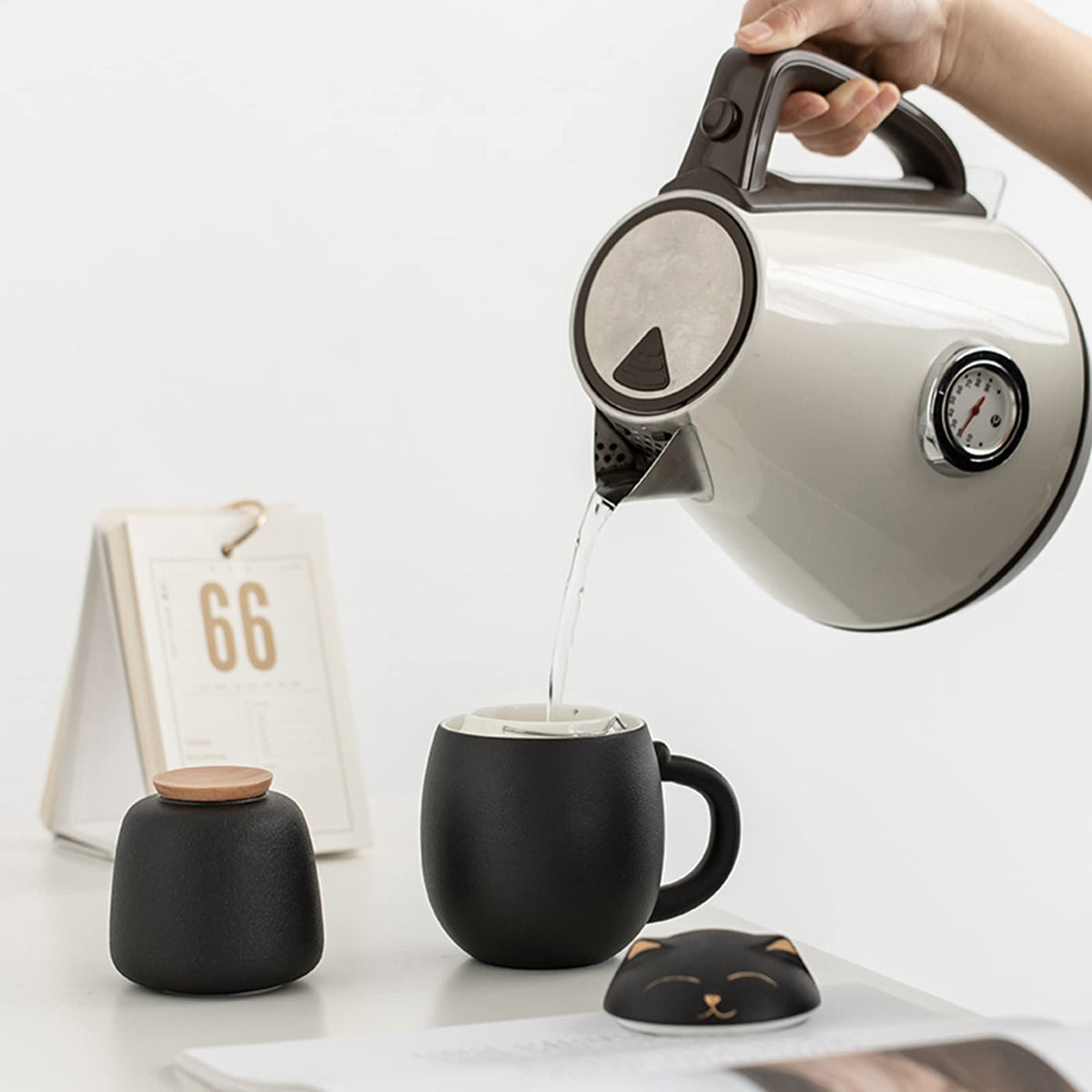 Cat Ceramic Tea Mug with Infuser & Lid Leaf Tea Cup for Home Office(Black)
