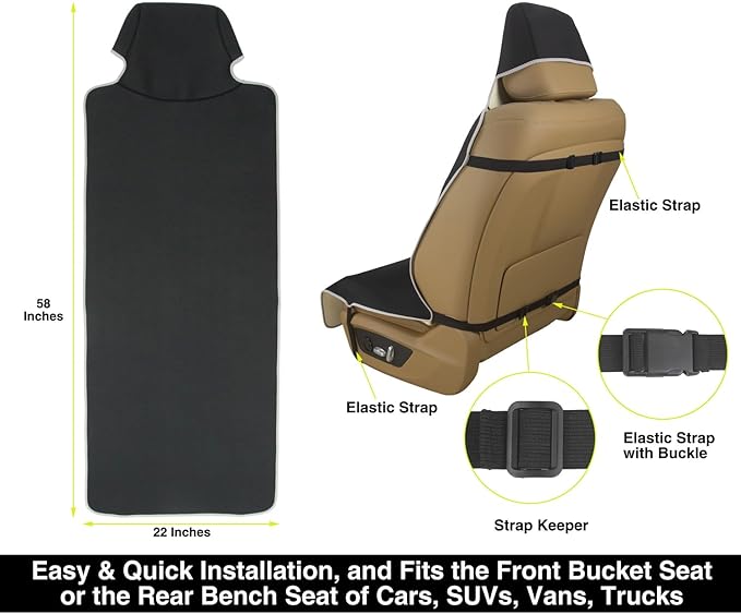 Waterproof Neoprene Car Seat Cover, Sweatproof Non-Slip Seat Protector, Universal Fit for Front Bucket or Rear Bench Seat of Cars, SUVs, Vans, Trucks, Compatible with Airbags and Armrests