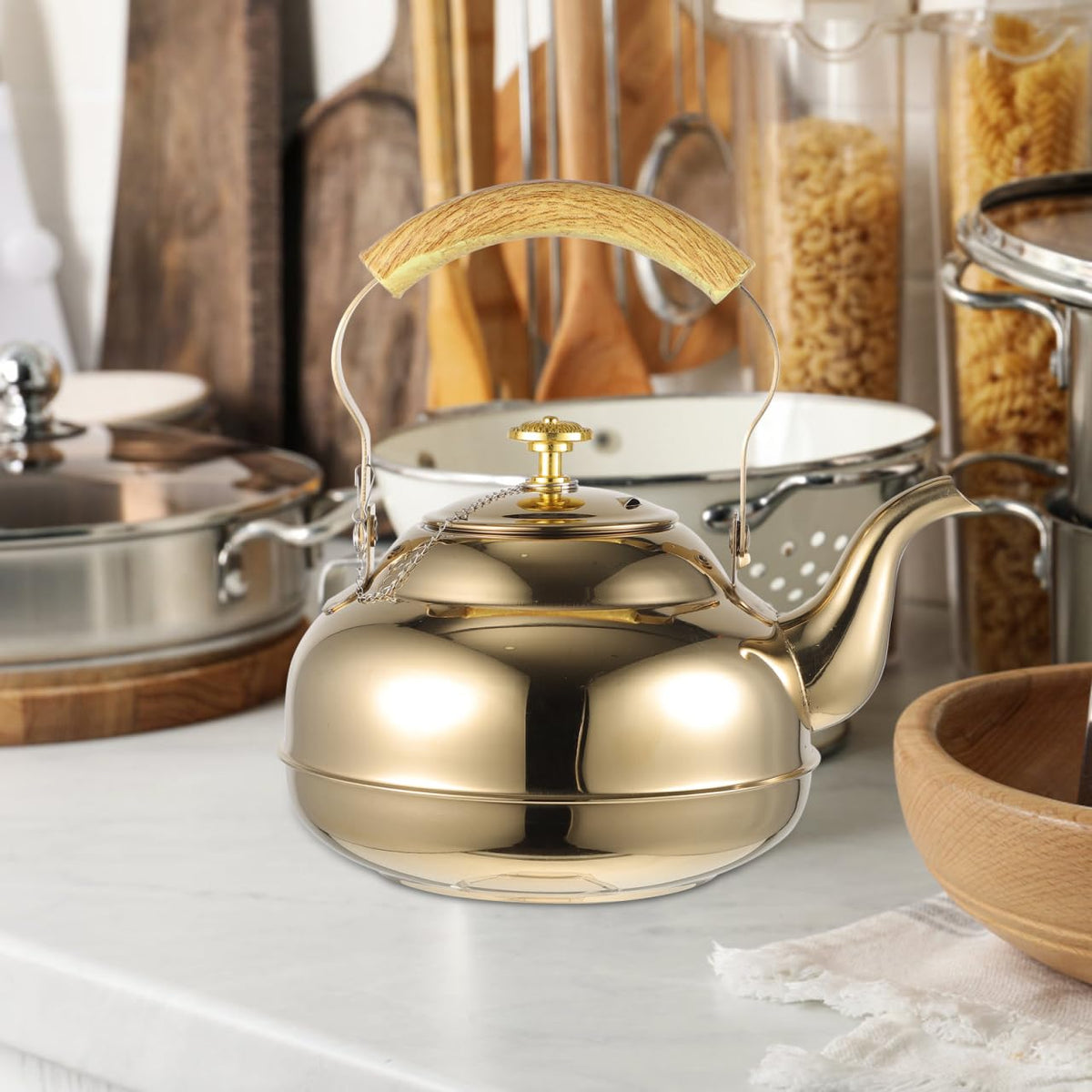 UPKOCH Stainless Steel Teapot with Strainer 2L Golden Tea Pot