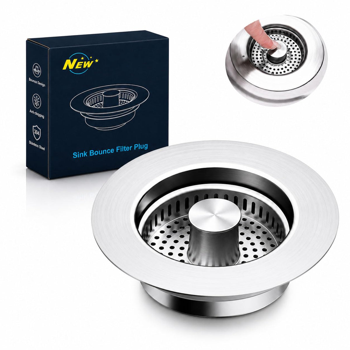 3-in-1 Kitchen Sink Drain Strainer & Stopper with Basket, Stainless Steel Drain Plug Cover Catcher for Food Waste - Sink Accessories for Home or Kitchen Sink Shroom Fit US Standard 3-1/2'' Drain Hole