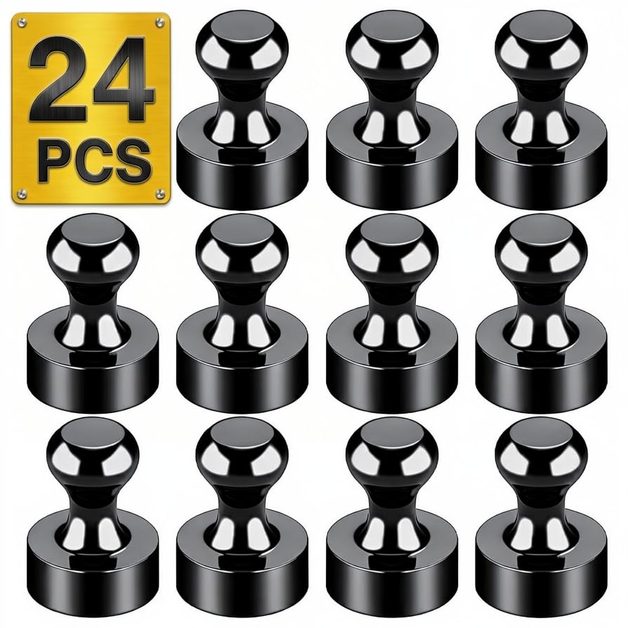 Tiergrade Metallic Magnets, Refrigerator Magnets, 24 Pack Black Magnetic Push Pins, Strong Fridge Magnets, Multi-use Whiteboard Magnets Perfect for Kitchen Office Classroom