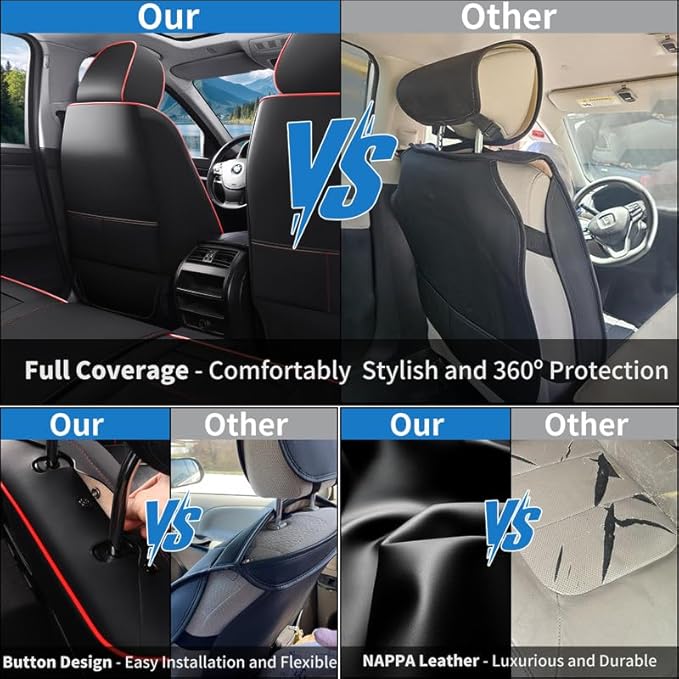 Car Seat Covers Full Set Custom Fit for Ford Taurus 1999-2018-Luxury Leather with Lumbar Support, Breathable, Waterproof, Anti-Slip, Durable, Easy to Install (Black&Red,Full Set)