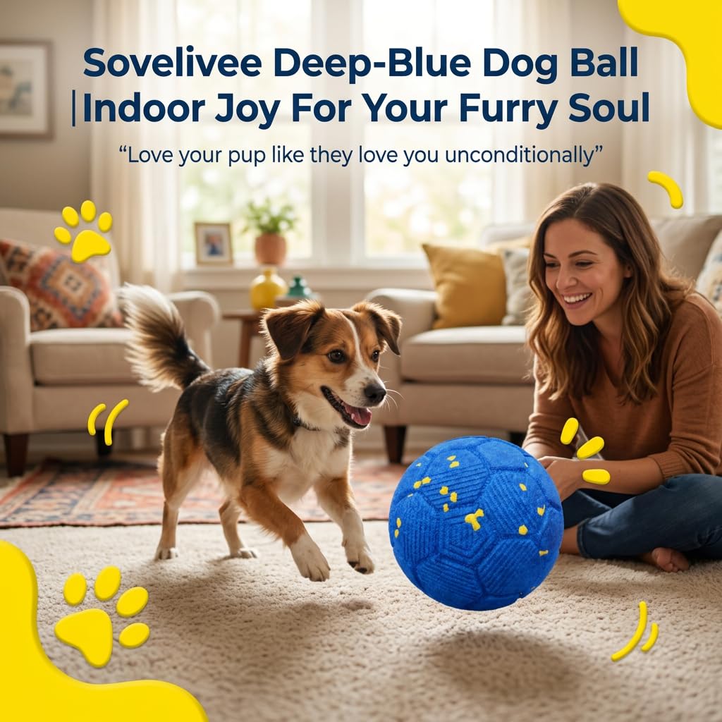 SOVELIVEE Interactive Dog Ball, Self-Rebounding Indoor Dog Toy for Small and Medium Dogs, Soft Textured Pet Play Ball for Home Engagement, Lightweight Dog Ball, Blue