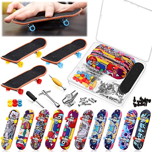 Civaner 10 Pack DIY Kids Finger Skateboard Set with Box and Replacement Accessories Mini Collectible Fingerboard Toy Kit School Gifts for Kids Children Fingers Skater(Graphic)