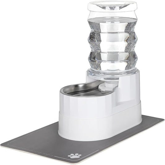 RIZZARI Pet Waterer Gravity Dispenser: White 7L Raised Bowl Feeder - Stainless Steel Anti-Leak Design - for Cats/Dogs Travel