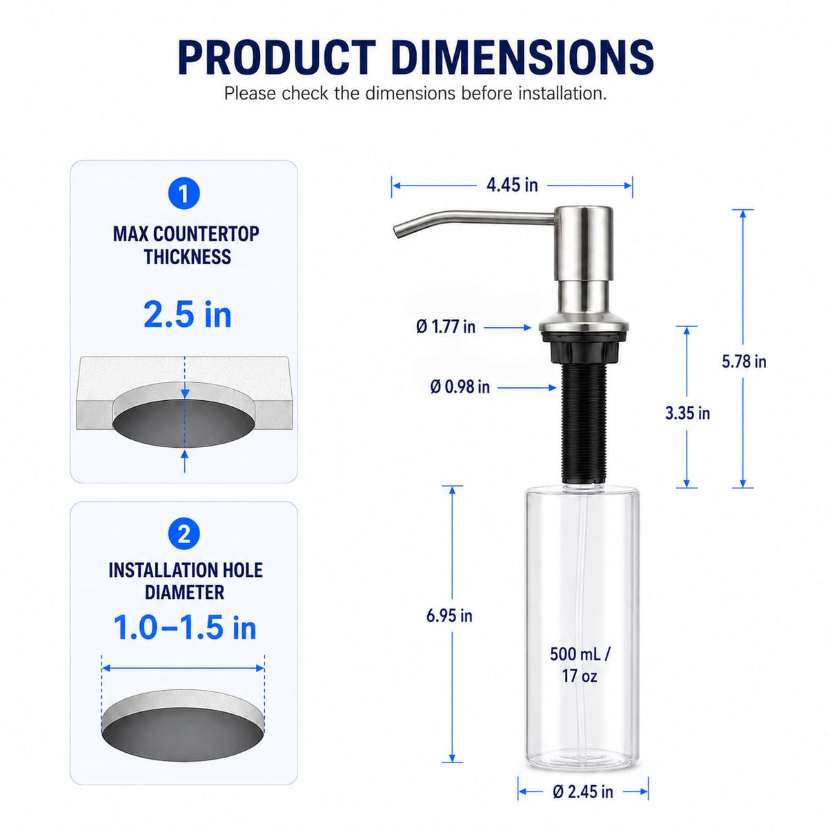 Soap Dispenser for Kitchen Sink, Built in Soap Dispenser Brushed Nickel