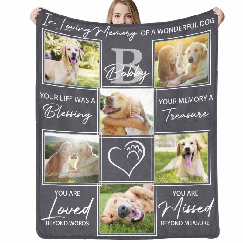 Custom Blanket with Dog Picture Name Personalized Text Blanket Photo Collage Memorial Gift Loss Dog Sympathy Remembrance Gift for Pet Lover Pet Memorial Gifts for Dogs