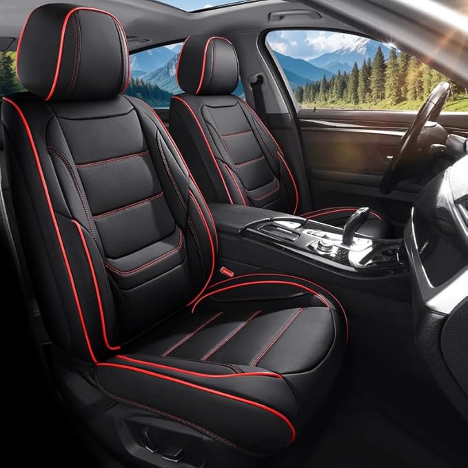 Car Seat Covers Full Set Custom Fit for Ford Maverick 2022-2026-Luxury Leather with Lumbar Support, Breathable, Waterproof, Anti-Slip, Durable, Easy to Install (Black&Red,Full Set)