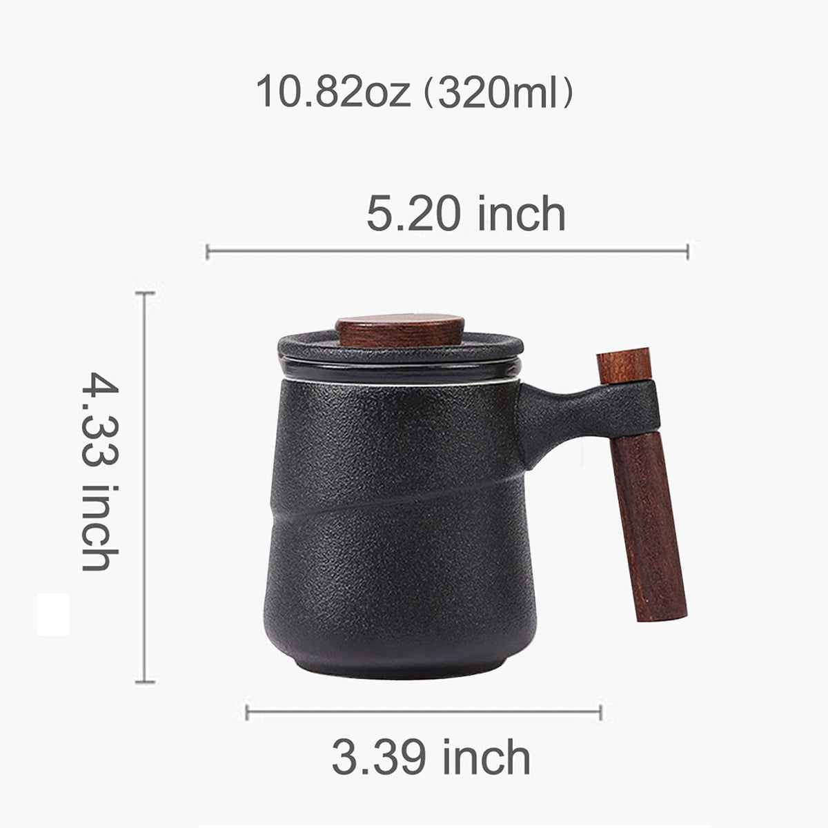 Tea Cup with Infuser and Lid, Rural style Wood Handle Ceramic Mugs Black