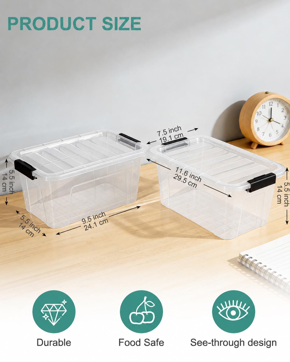 EOENVIVS Plastic Storage Bins with Lids 6 Pack, 6.7 Quart Storage Containers With Black Buckle Latch, Stackable Storage Organizers for Home Pantry Office Classroom Organization, Clear