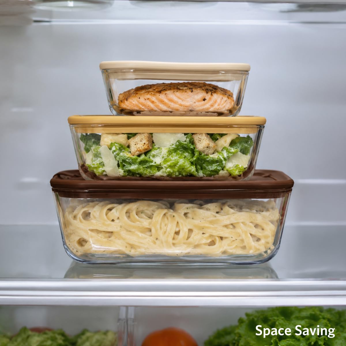Glad Glass Food Storage Containers, Set of 3 - Airtight Vacuum Sealed Steam Vent Lids - Square Borosilicate Glass Dishes with Ombre Green Lids - Assorted Sizes for Meal Prep & Leftovers, Brown