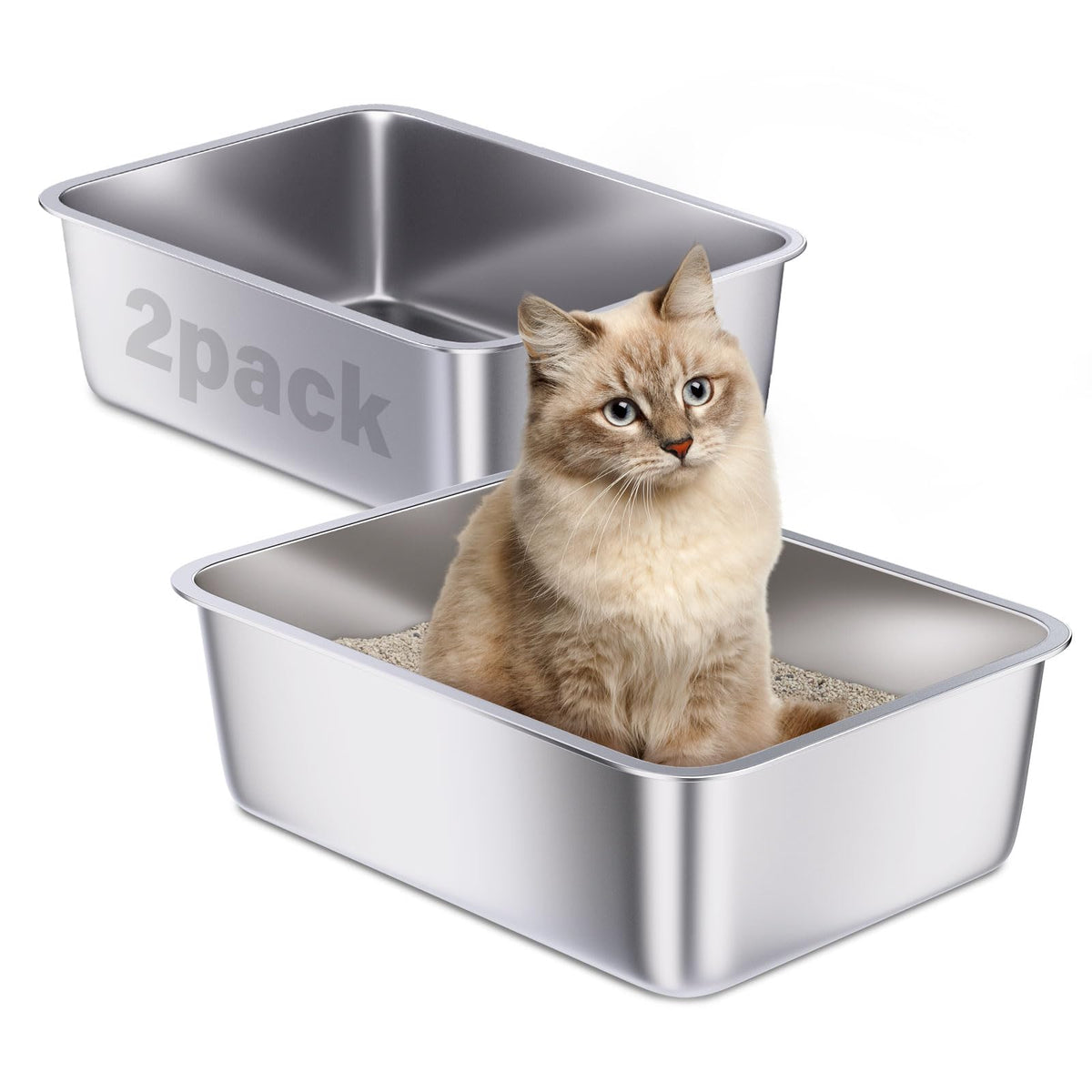 Holintan Stainless Steel Litter Box 2 Pack, Metal Cat Litter Box
