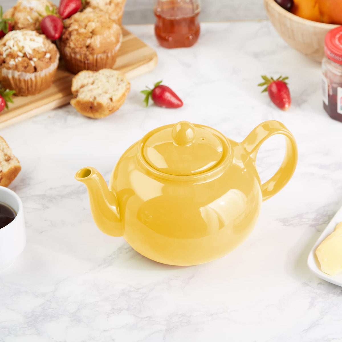 RSVP International Stoneware Teapot Collection, Microwave and Dishwasher Safe, 42 oz, Yellow