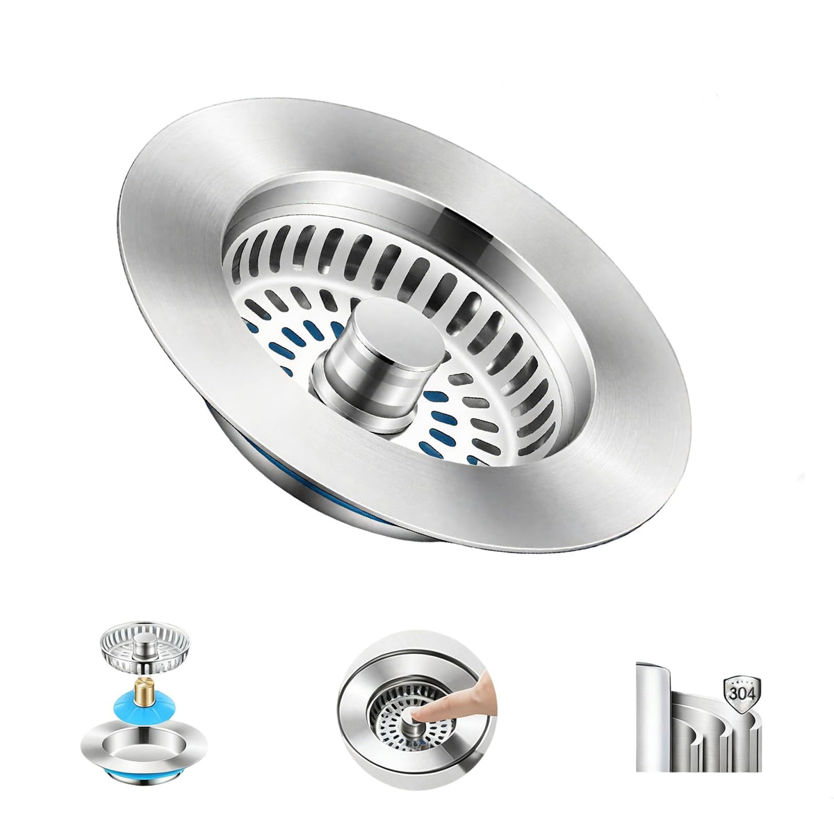 Upgraded 3-in-1 Kitchen Sink Drain Strainer & Stopper - Stainless Steel Anti-Clogging Food Catcher Basket, Universal Sink Protector Cover Filter, Fits US Standard 3-1/2 Inch Drain (Silver-1Pack)