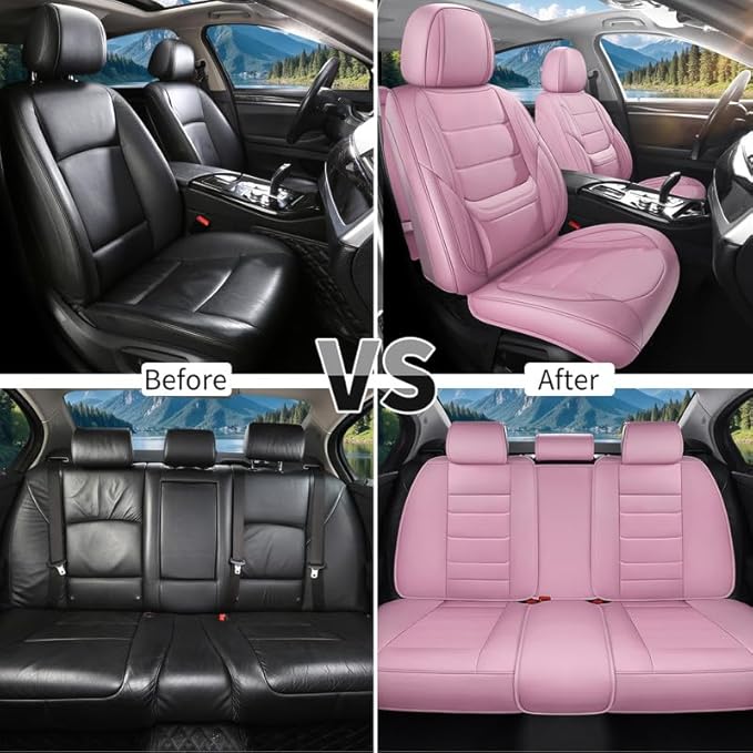 Car Seat Covers Full Set Custom Fit for Ford Fusion 2007-2020 - Premium Leather with Lumbar Support, Breathable, Anti-Slip & Excellent Seating Experience (Pink, Full Set)