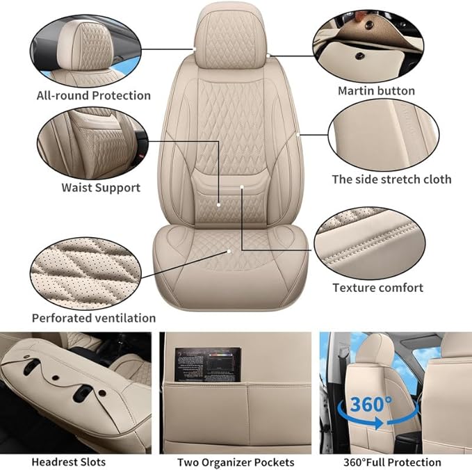 Front Seat Car Seat Covers Custom Fit for Ford Fusion 2007-2020 - Premium Faux Leather with Lumbar Support | Breathable, Waterproof, Anti-Slip, Durable (Beige,Front Seat)