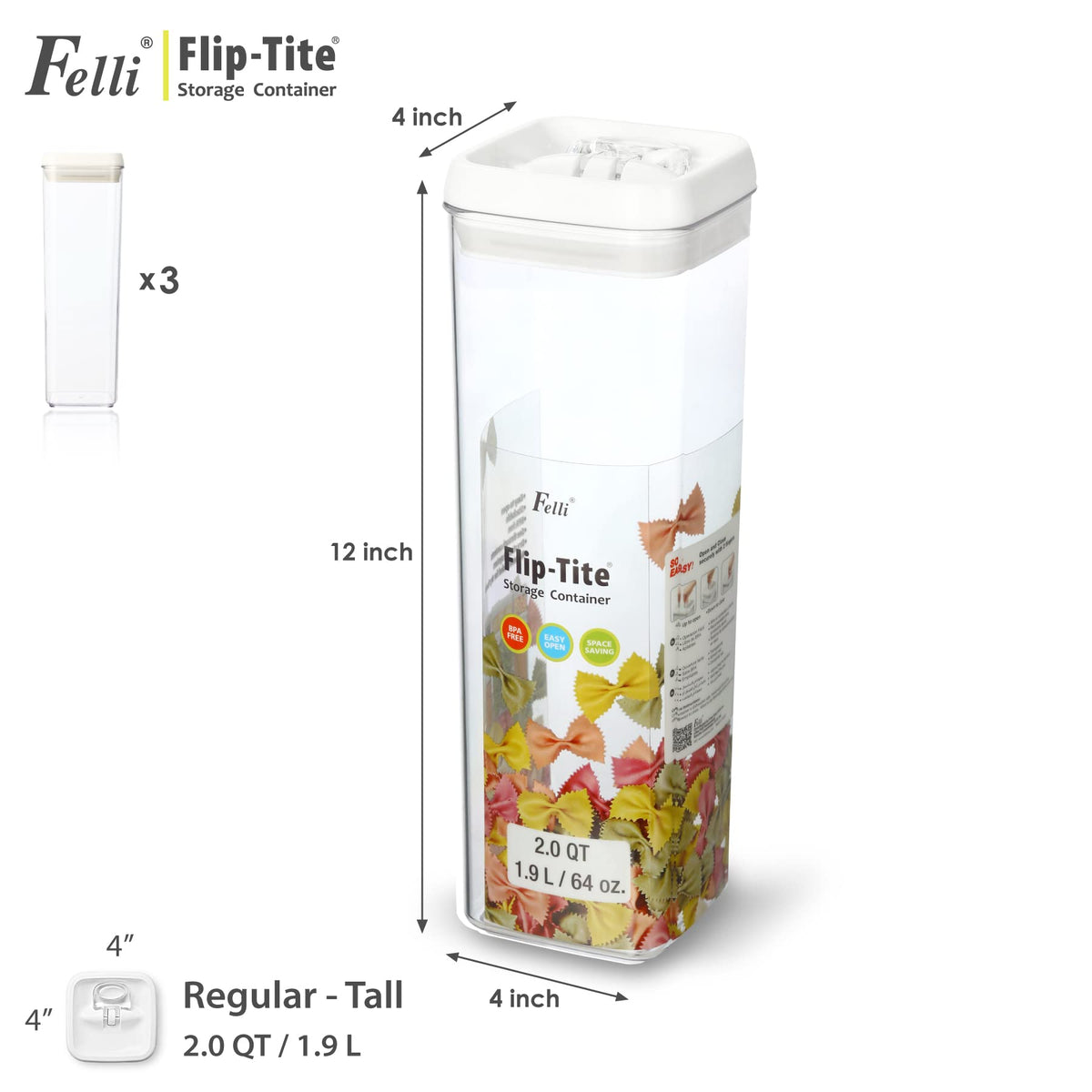 Felli Flip Tite TALL Storage Container with Lid 4" Air Tight Easy Open Ring Top, Clear Acrylic Skinny Canister Jar for Spaghetti Lasagna Fettuccine Noodle, Kitchen Cupboard Pantry Organizer (2.0 qt)