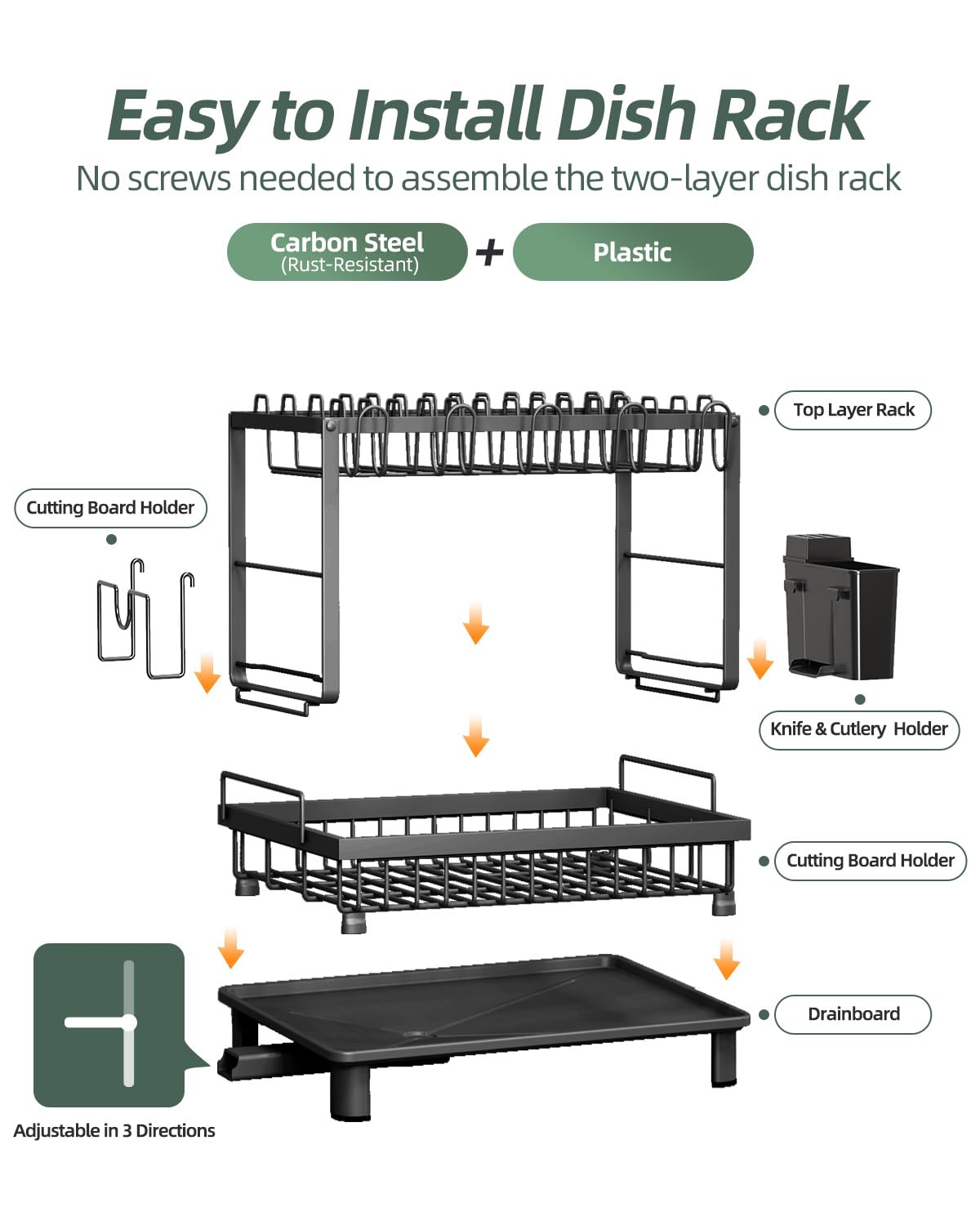 Nfnoyp 2-Tier Dish Drying Rack for Kitchen Counter, Space-Saving, Black