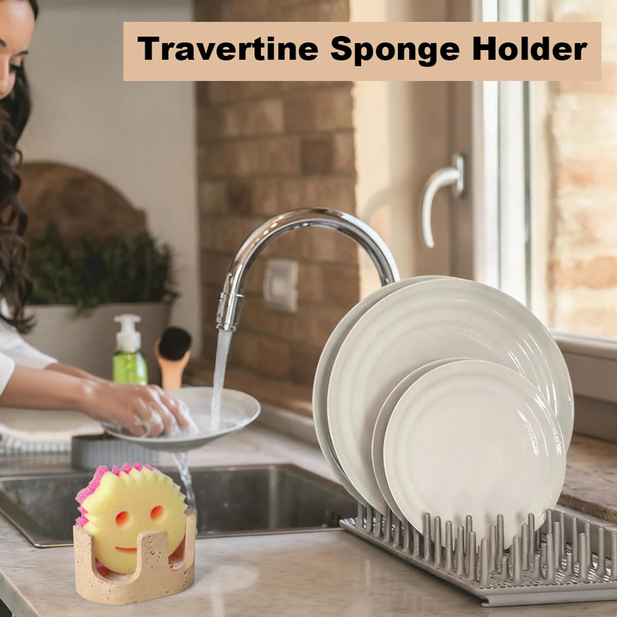 2 in 1 Travertine Sponge Holder, 2 Slot Natural Stone Sink Organizer with Raised Edge to Catch Drips,Keeps Sponges Dry & Countertop Clean, Heavy&Stable with Anti-Slip Base, Kitchen Decor,Double, Beige