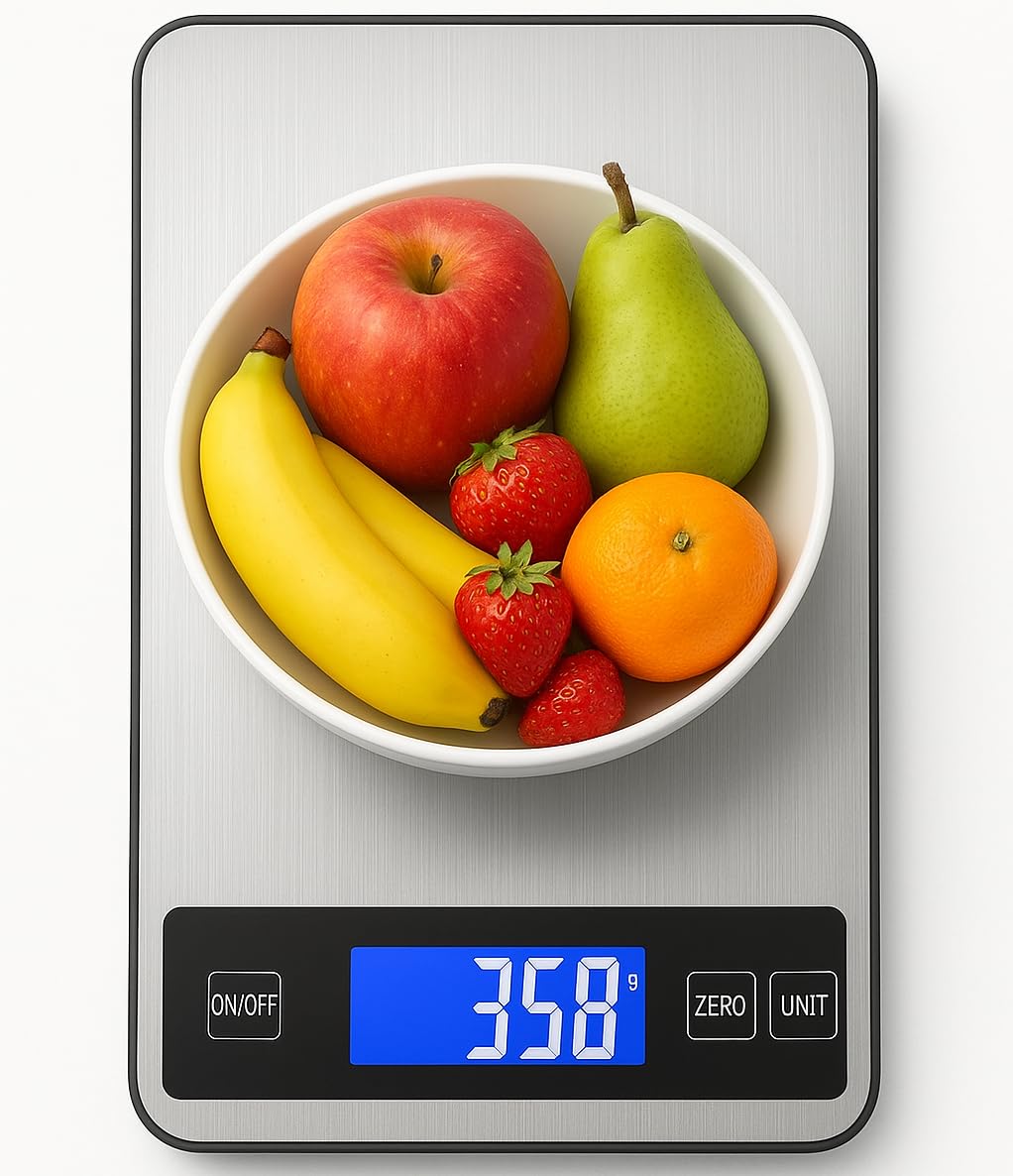 Digital Kitchen Scale 5kg/11lb – Food Scale with LCD Display, Zero Button, 6 Units, Stainless Steel Surface – 1g Precision, Battery Powered – for Cooking, Baking, Meal Prep