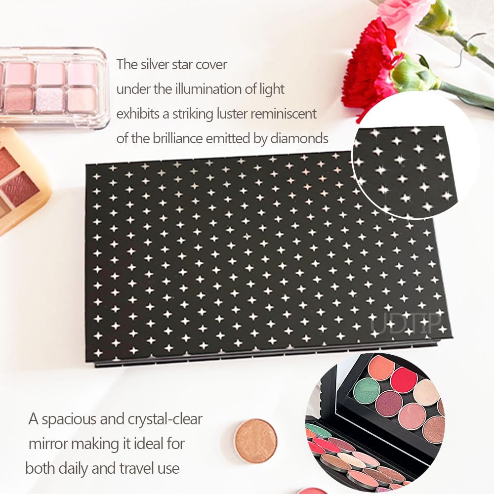 Large Double Layer Book Shape Empty Magnetic Eyeshadow Makeup Palette with Mirror and 20pcs Adhesive Stickers, Sliver Stars Cover, Fits Standard and Deep Pans (Not Included Eyeshadows)